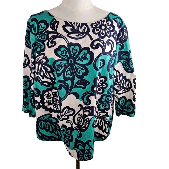 Boden Top Sz 16 Penelope Floral Print Cotton Stretch Top Turquoise Navy - Picture 1 of 9